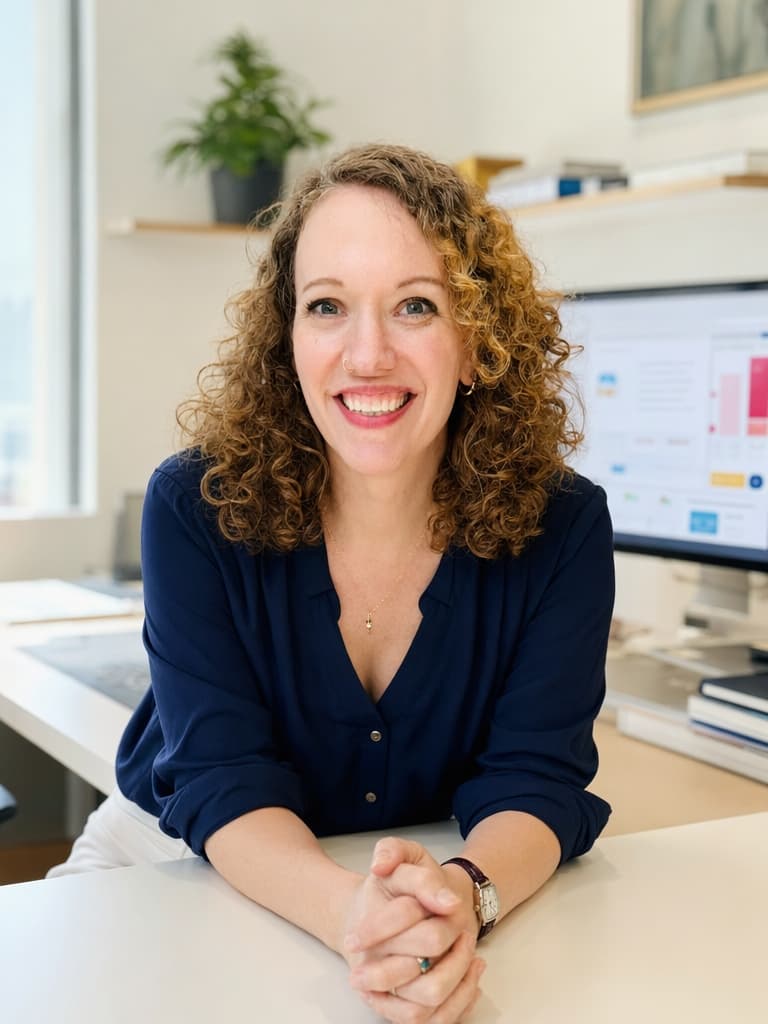 Kathleen Celmins at her desk, smiling, in a navy shirt
