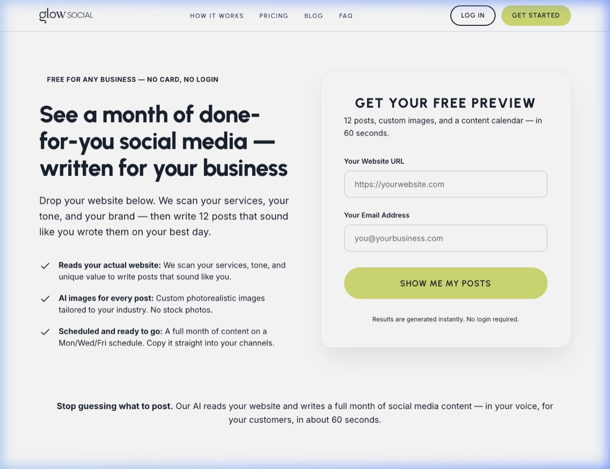 The Glow Social preview tool — a URL and email form, now living natively on glowsocial.com instead of being reverse-proxied