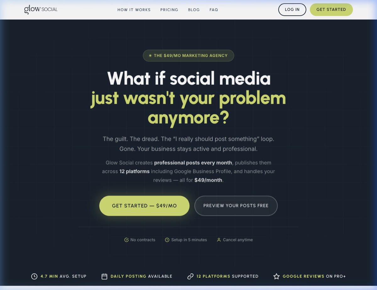 The new Glow Social homepage — dark navy, grid texture, and copy that doesn't apologize for itself