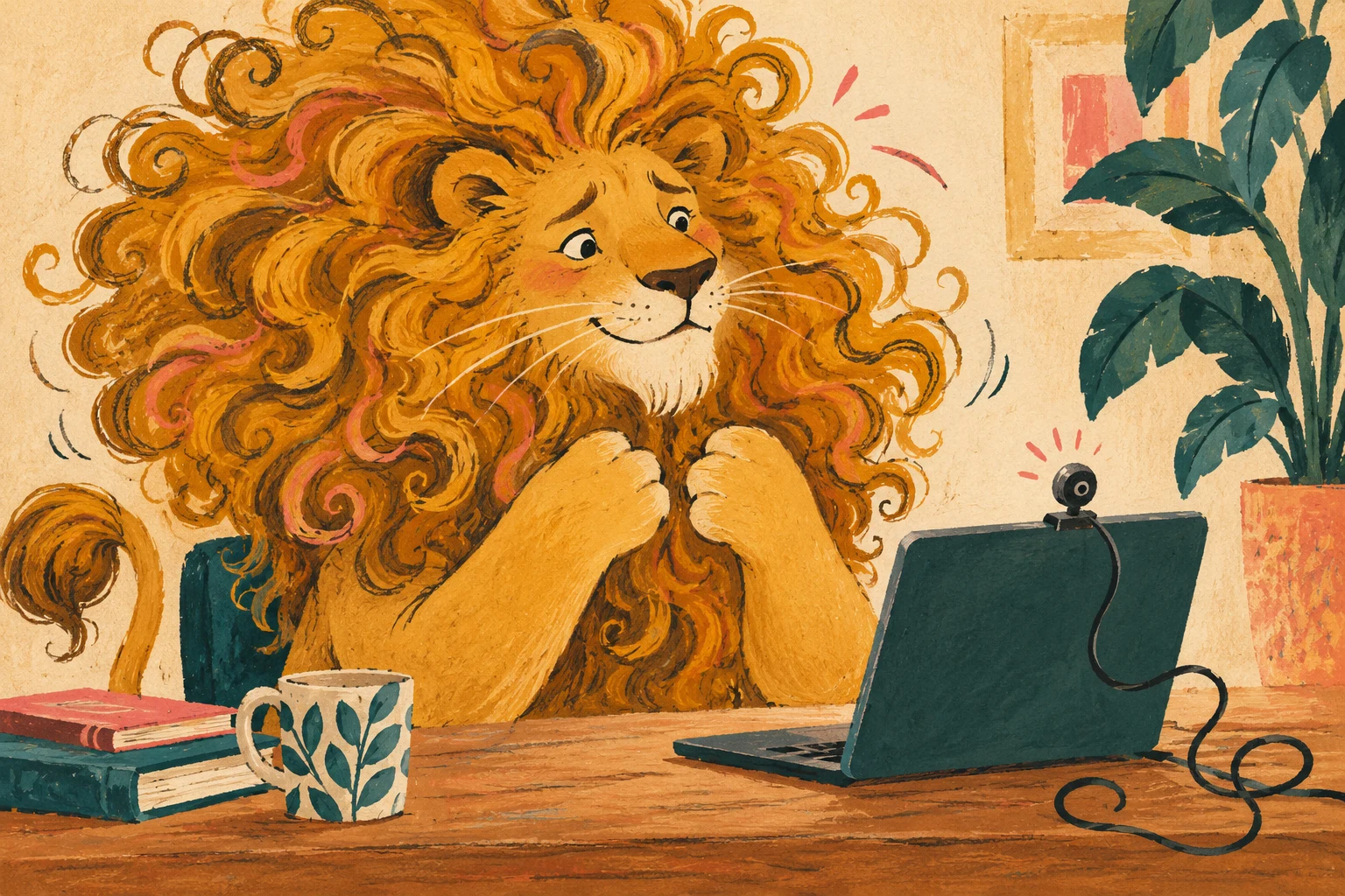 A bashful golden lion rehearses a talk in front of a tiny webcam.